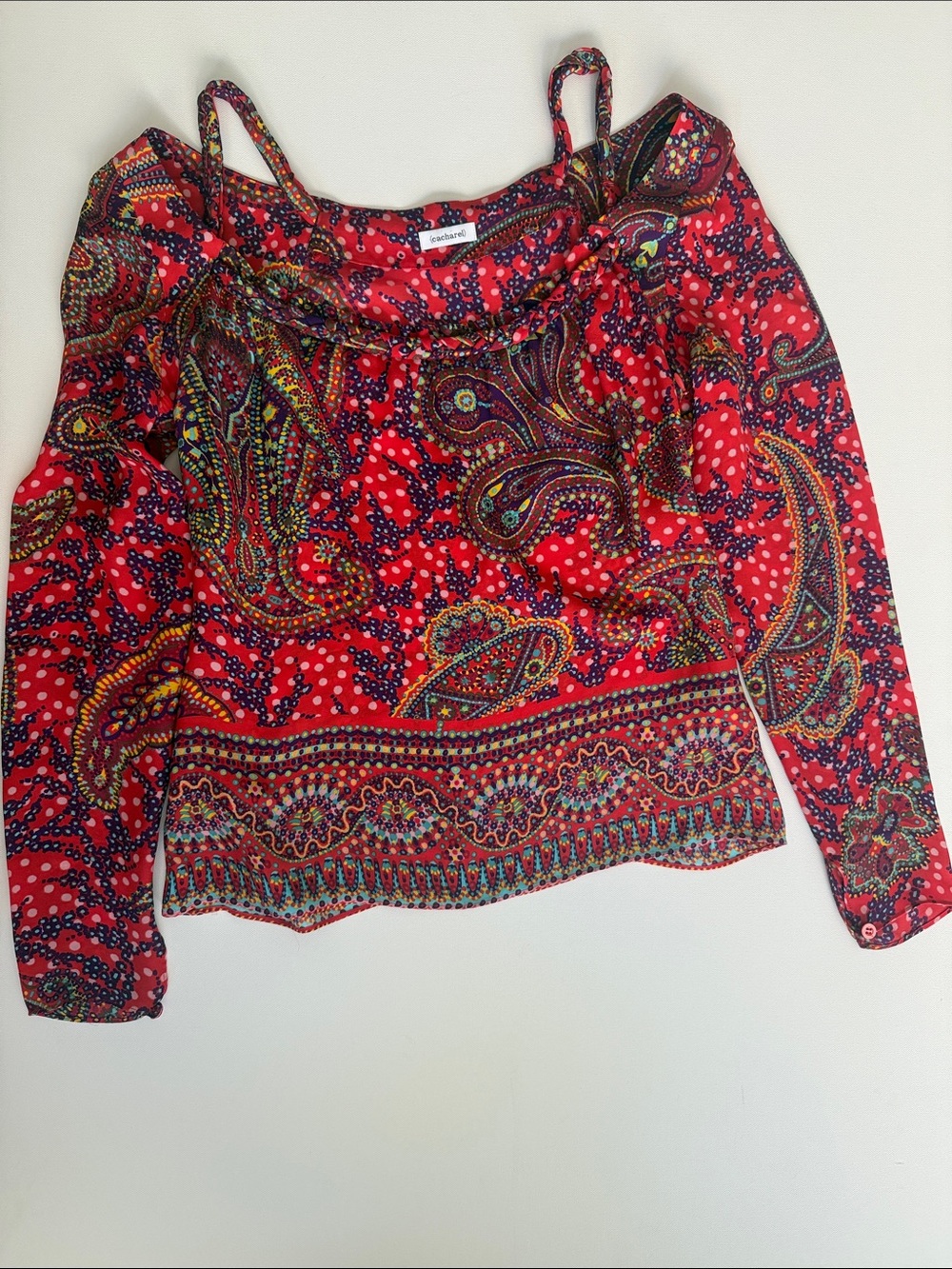 Red Paisley Silk Cold Shoulder Blouse